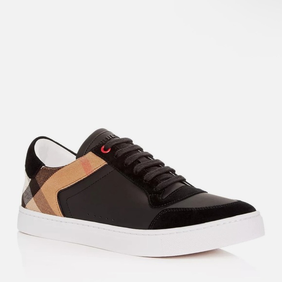 Pre Loved BURBERRY Reeth Leather House Check Low-Top Sneakers in Black SZ41 - Picture 1 of 9